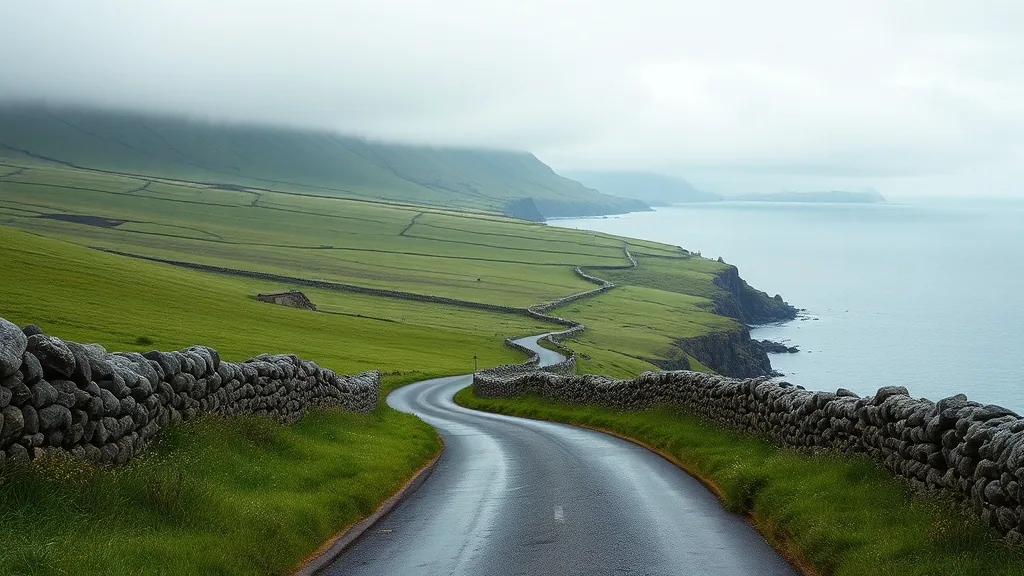 A single track road running along a green Atlantic coastline between drystone walls, low cloud over the water.