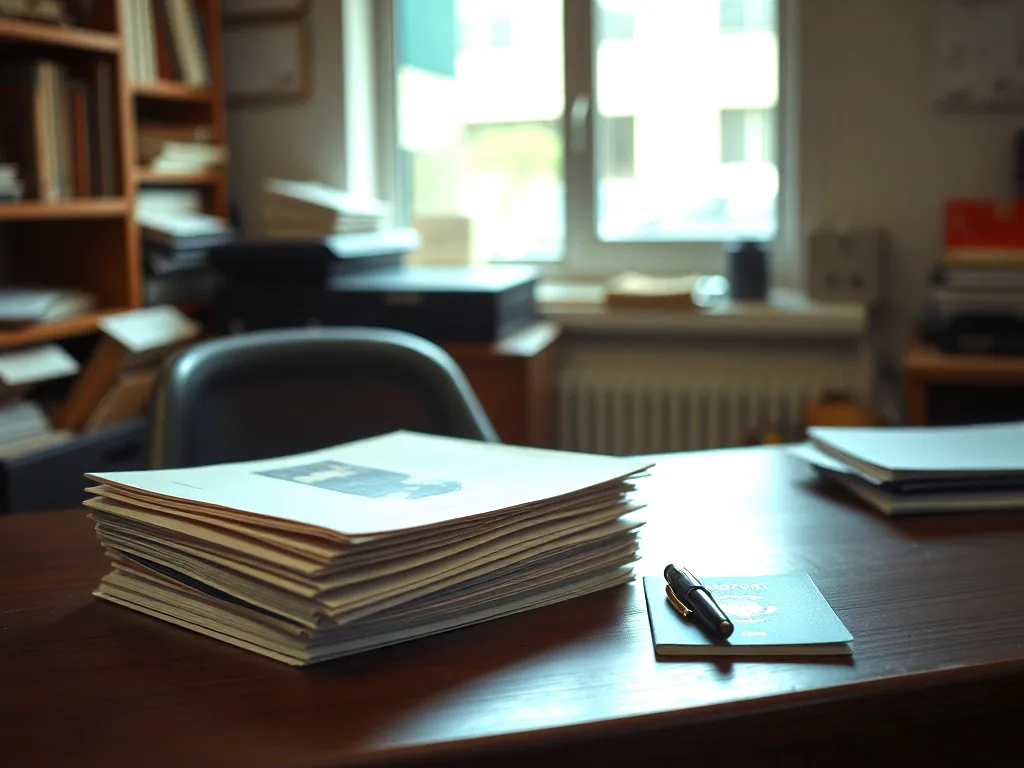 A stack of paper travel folders, a passport and a pen on a wooden desk in a small office, window light behind.
