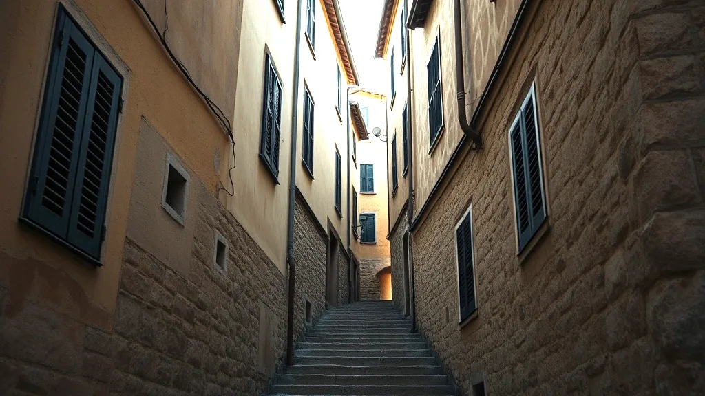 A stone lane climbing between old plastered buildings in a small hill town, shuttered windows, early morning, nobody about.